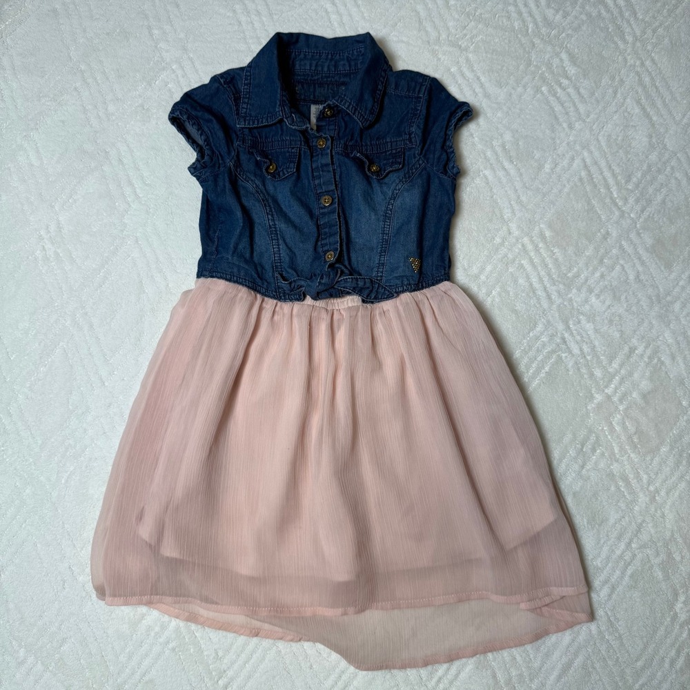 Boho Party Guess Girls Size 5 Denim Chiffon High Low Dress Pink